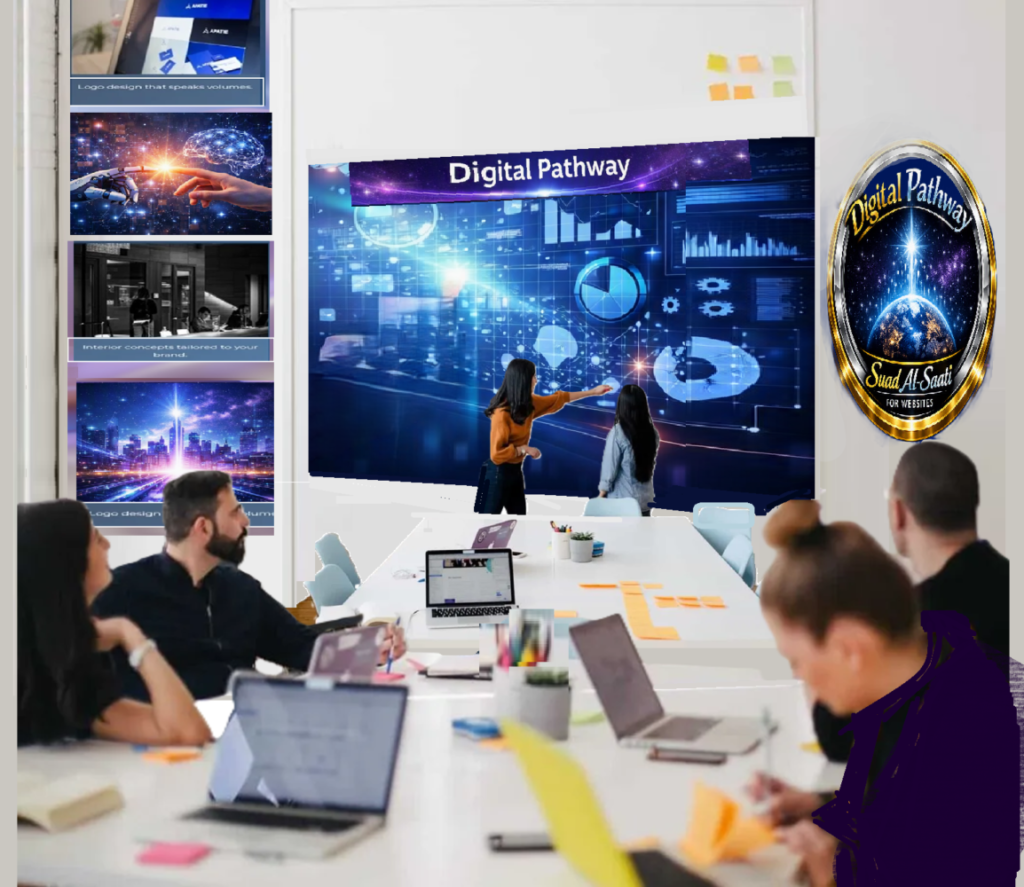 The team discusses the digital pathway project in front of a large screen displaying data and graphs, in a scene that illustrates how the platform is a living archive of digital experiences and knowledge built on collaboration across the globe.
